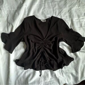 Elodie Ruched Ruffle Black Blouse